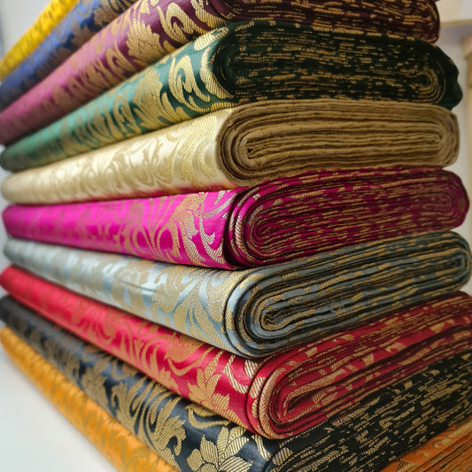 Luxurious Floral Banarasi Brocade Fabric – Premium Indian Gold Metallic Jacquard Woven Material 44" Wide