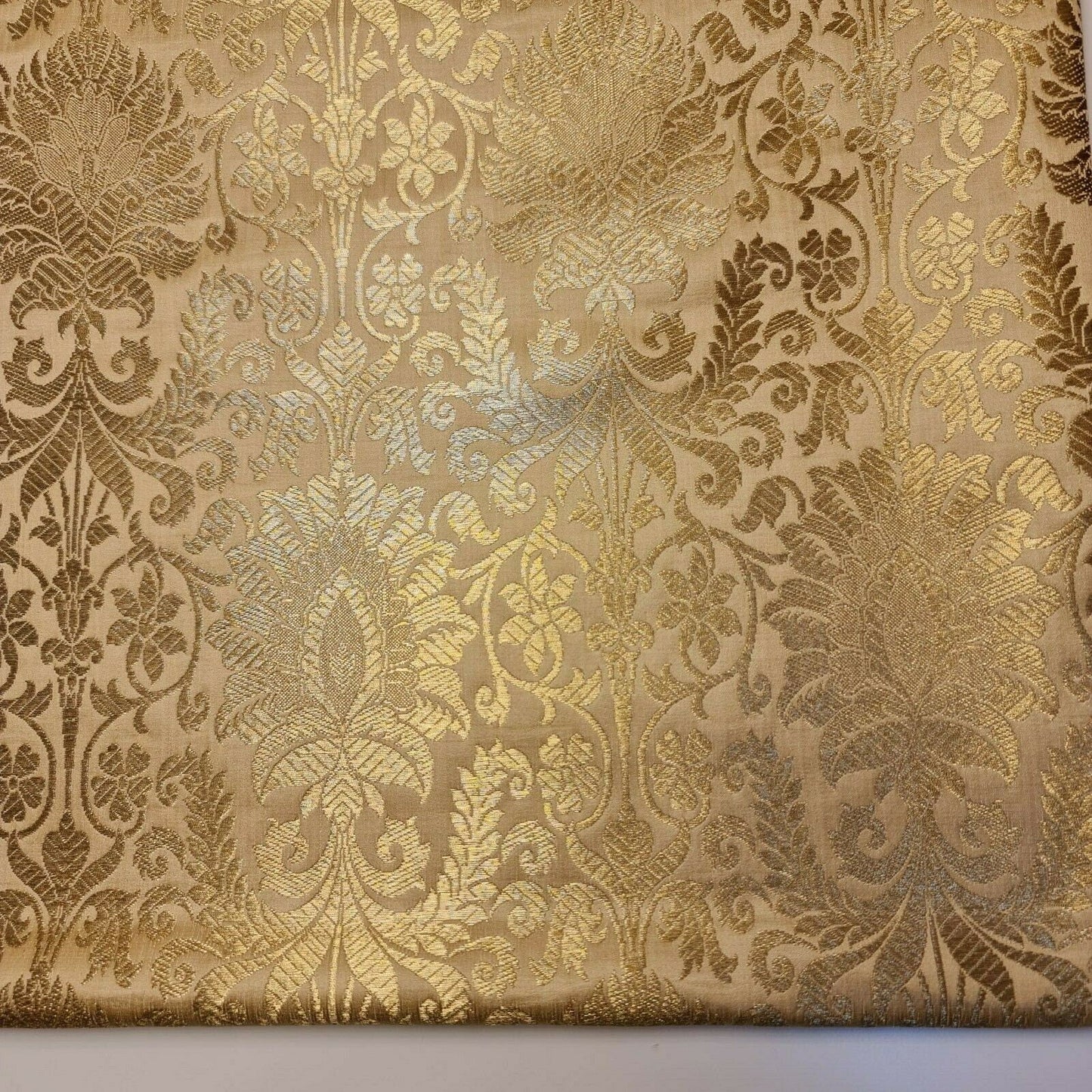 Floral Gold Leaf Damask Banarasi Brocade Fabric – Ornamental Metallic Indian Jacquard 44" Wide