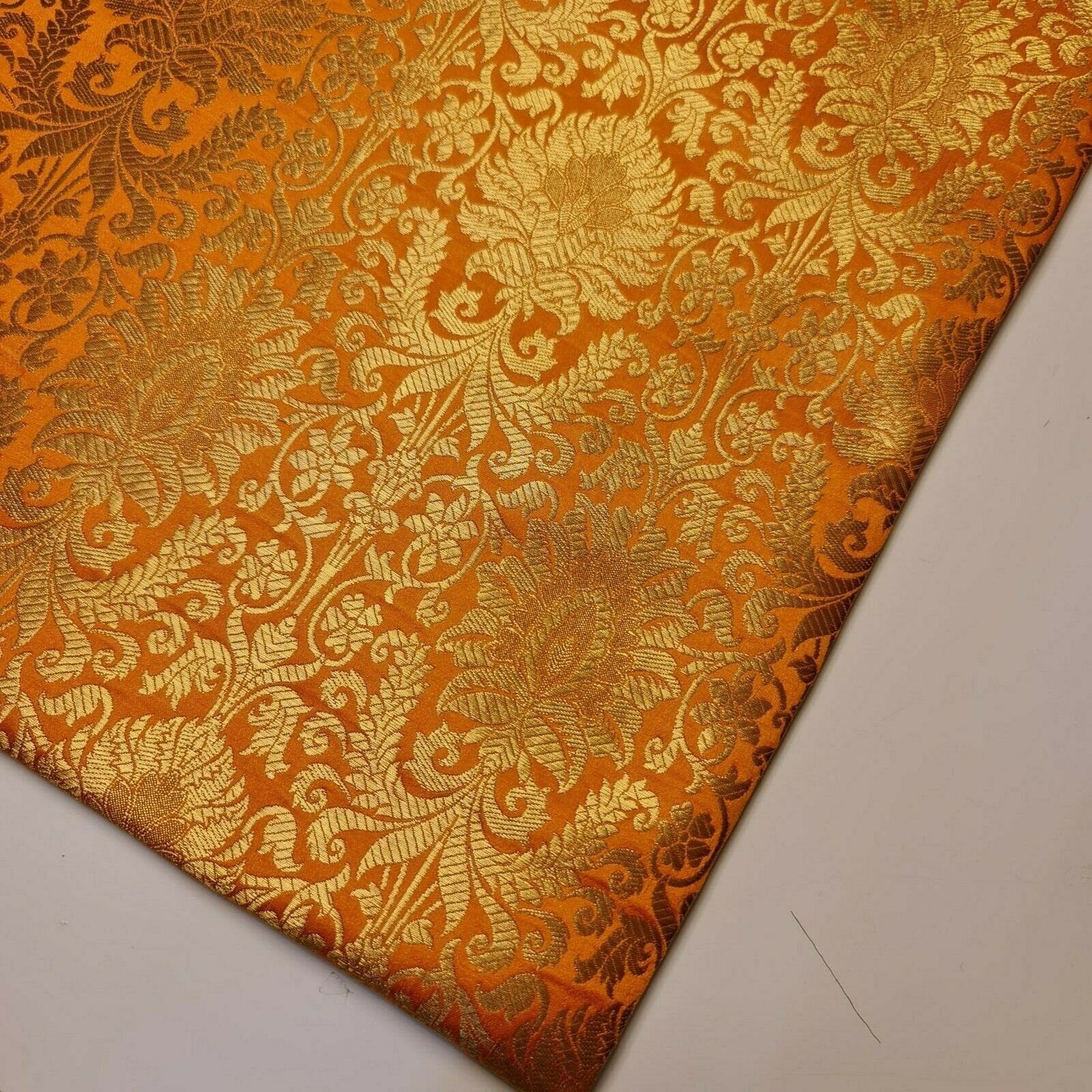 Floral Gold Leaf Damask Banarasi Brocade Fabric – Ornamental Metallic Indian Jacquard 44" Wide
