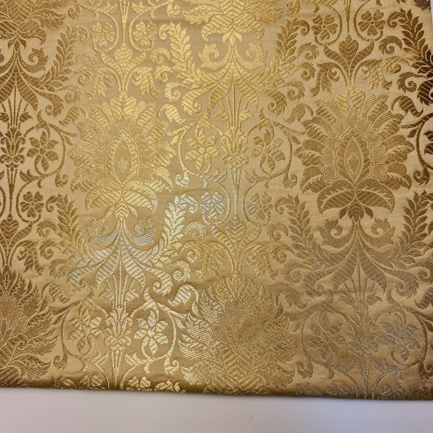 Floral Gold Leaf Damask Banarasi Brocade Fabric – Ornamental Metallic Indian Jacquard 44" Wide