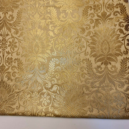 Floral Gold Leaf Damask Banarasi Brocade Fabric – Ornamental Metallic Indian Jacquard 44" Wide