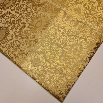 Floral Gold Leaf Damask Banarasi Brocade Fabric – Ornamental Metallic Indian Jacquard 44" Wide