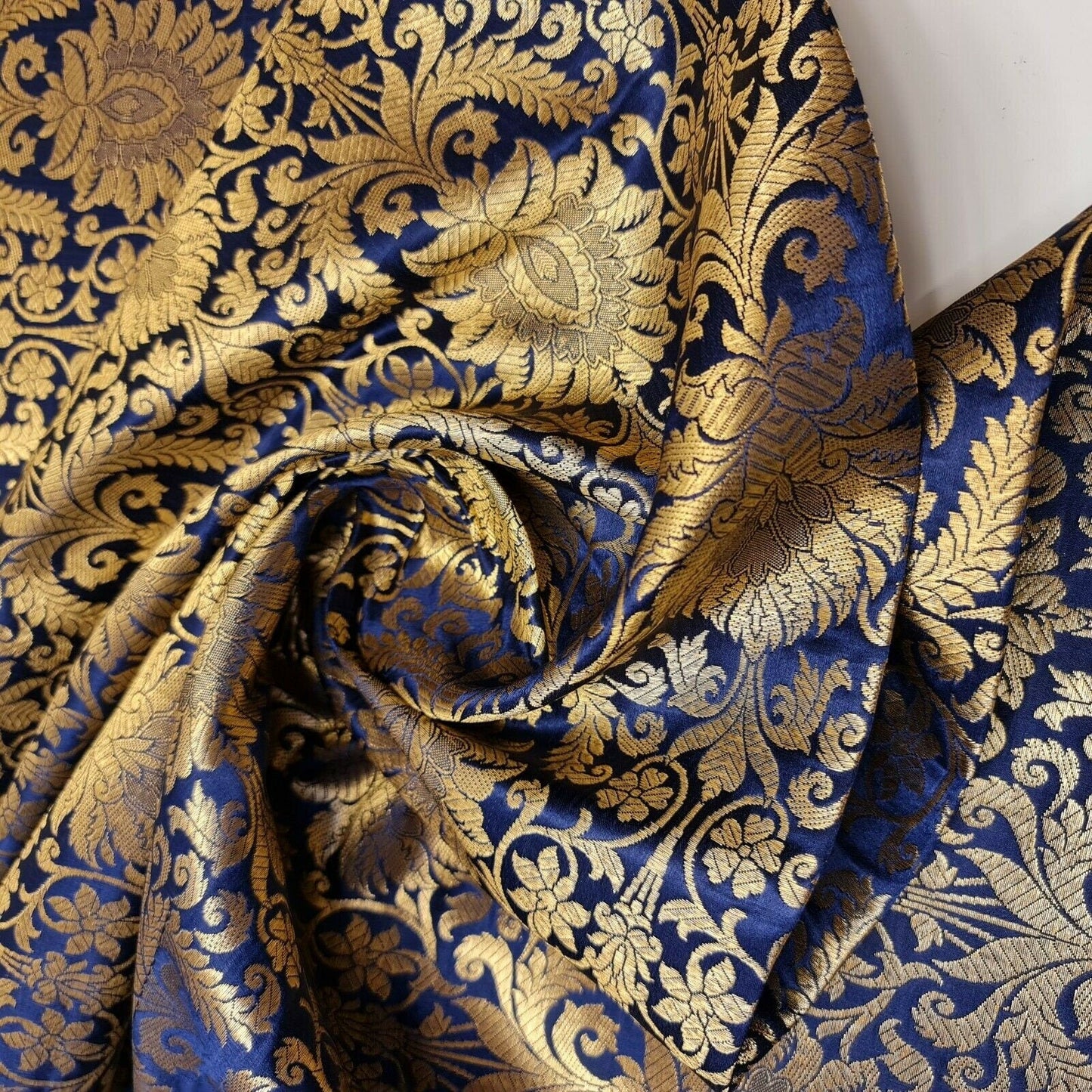 Floral Gold Leaf Damask Banarasi Brocade Fabric – Ornamental Metallic Indian Jacquard 44" Wide