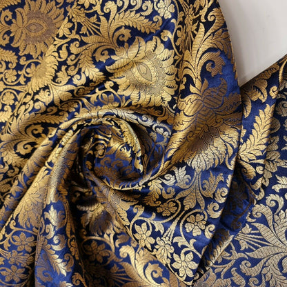Floral Gold Leaf Damask Banarasi Brocade Fabric – Ornamental Metallic Indian Jacquard 44" Wide