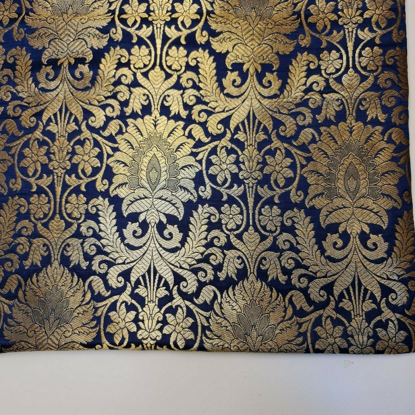Floral Gold Leaf Damask Banarasi Brocade Fabric – Ornamental Metallic Indian Jacquard 44" Wide