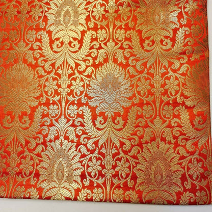 Floral Gold Leaf Damask Banarasi Brocade Fabric – Ornamental Metallic Indian Jacquard 44" Wide