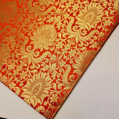 Floral Gold Leaf Damask Banarasi Brocade Fabric – Ornamental Metallic Indian Jacquard 44" Wide