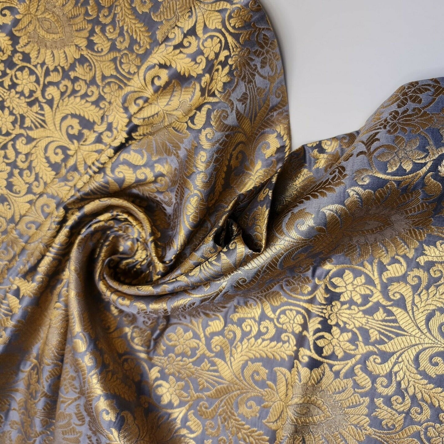 Floral Gold Leaf Damask Banarasi Brocade Fabric – Ornamental Metallic Indian Jacquard 44" Wide