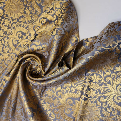 Floral Gold Leaf Damask Banarasi Brocade Fabric – Ornamental Metallic Indian Jacquard 44" Wide