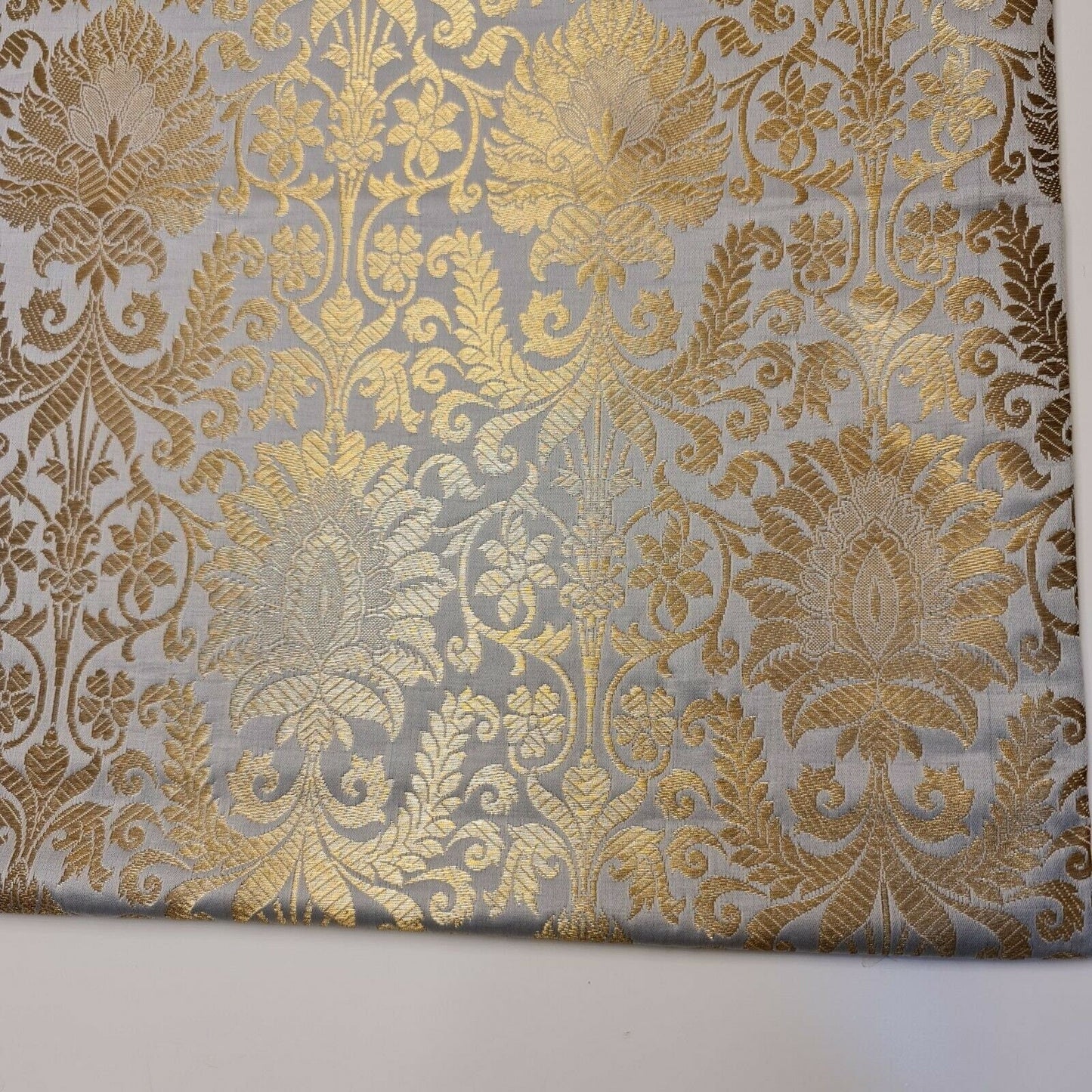 Floral Gold Leaf Damask Banarasi Brocade Fabric – Ornamental Metallic Indian Jacquard 44" Wide