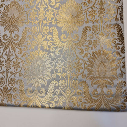 Floral Gold Leaf Damask Banarasi Brocade Fabric – Ornamental Metallic Indian Jacquard 44" Wide