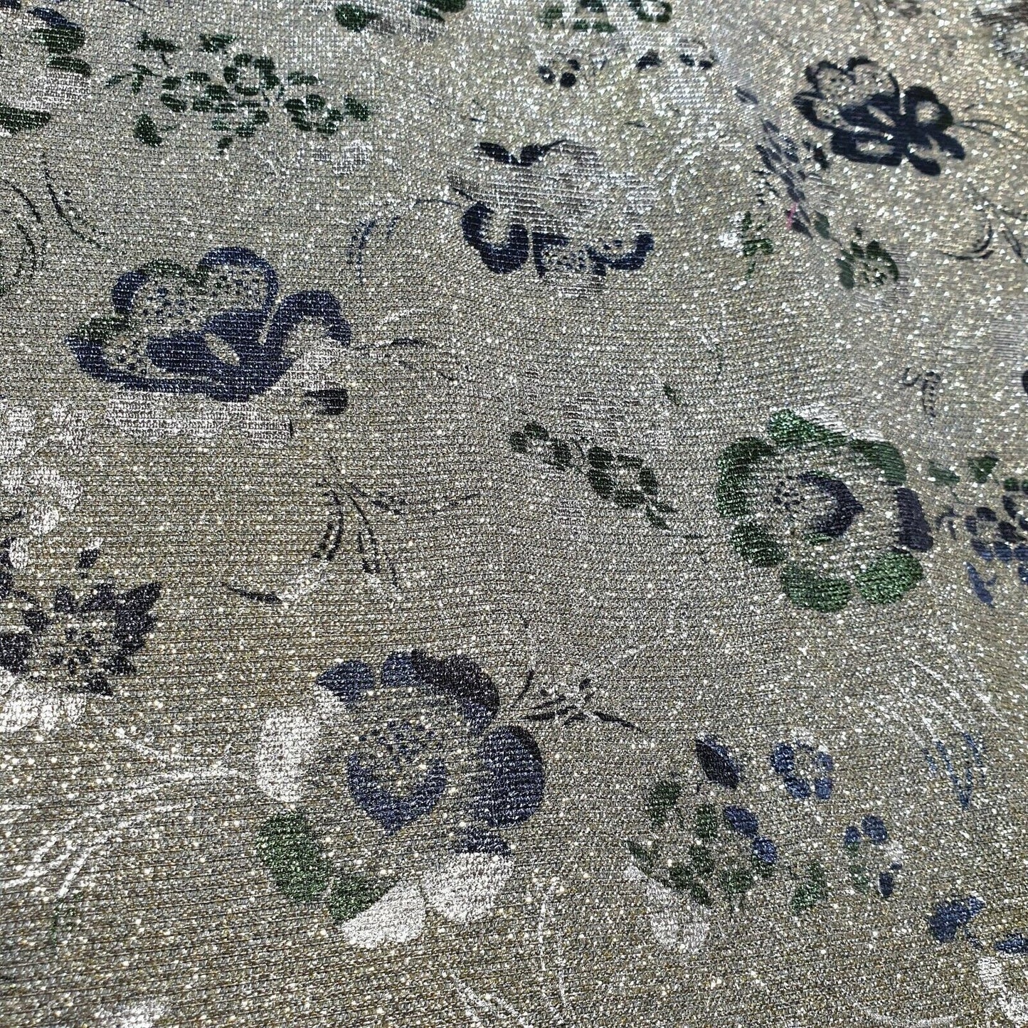 Shimmer Moonlight Floral Printed Glitter Nylon Fabric – 58" Wide Stretch Backdrop, Dress & Craft Material