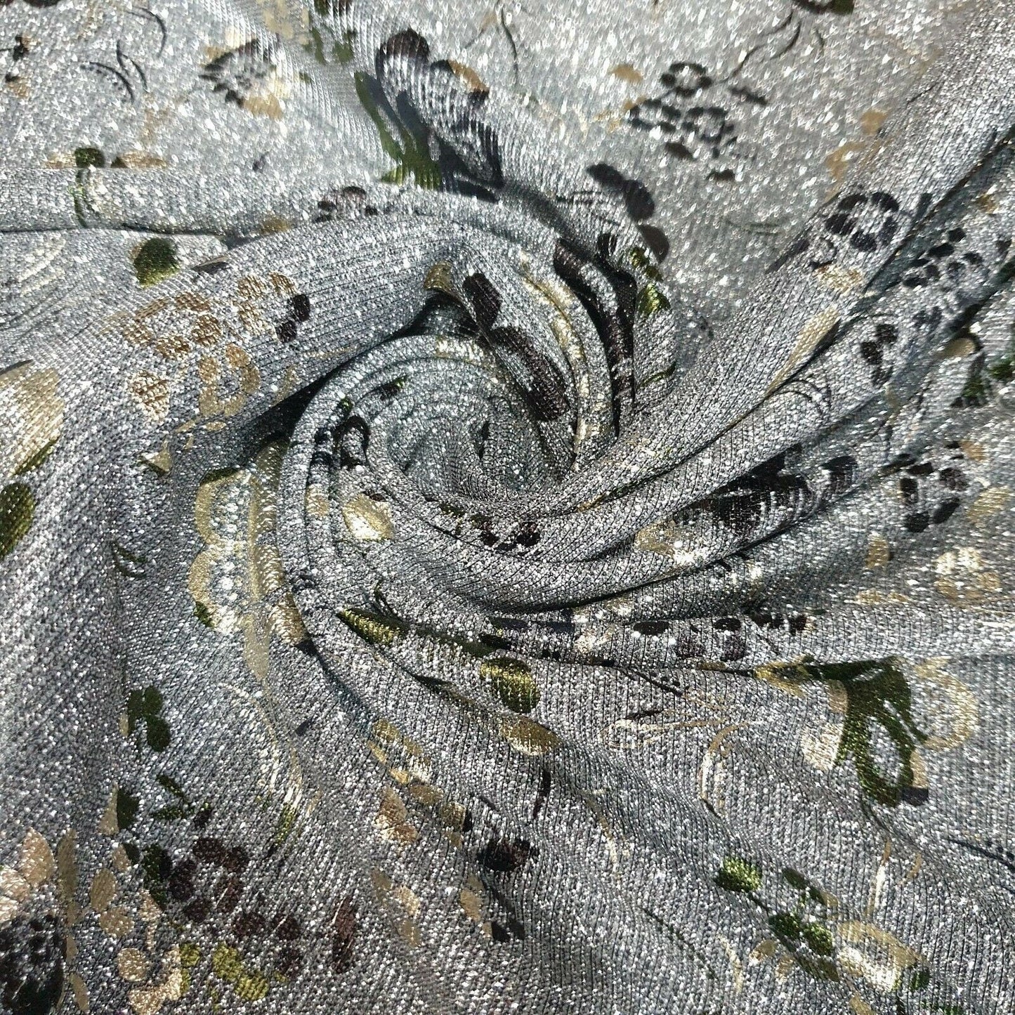 Shimmer Moonlight Floral Printed Glitter Nylon Fabric – 58" Wide Stretch Backdrop, Dress & Craft Material