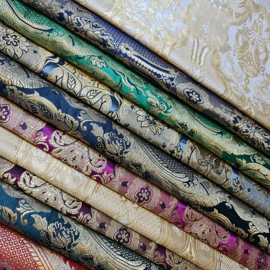 Ornamental Damask Banarasi Brocade Fabric | Premium Indian Gold Metallic Jacquard Material 44" (112cm) Wide – Sold by the Metre