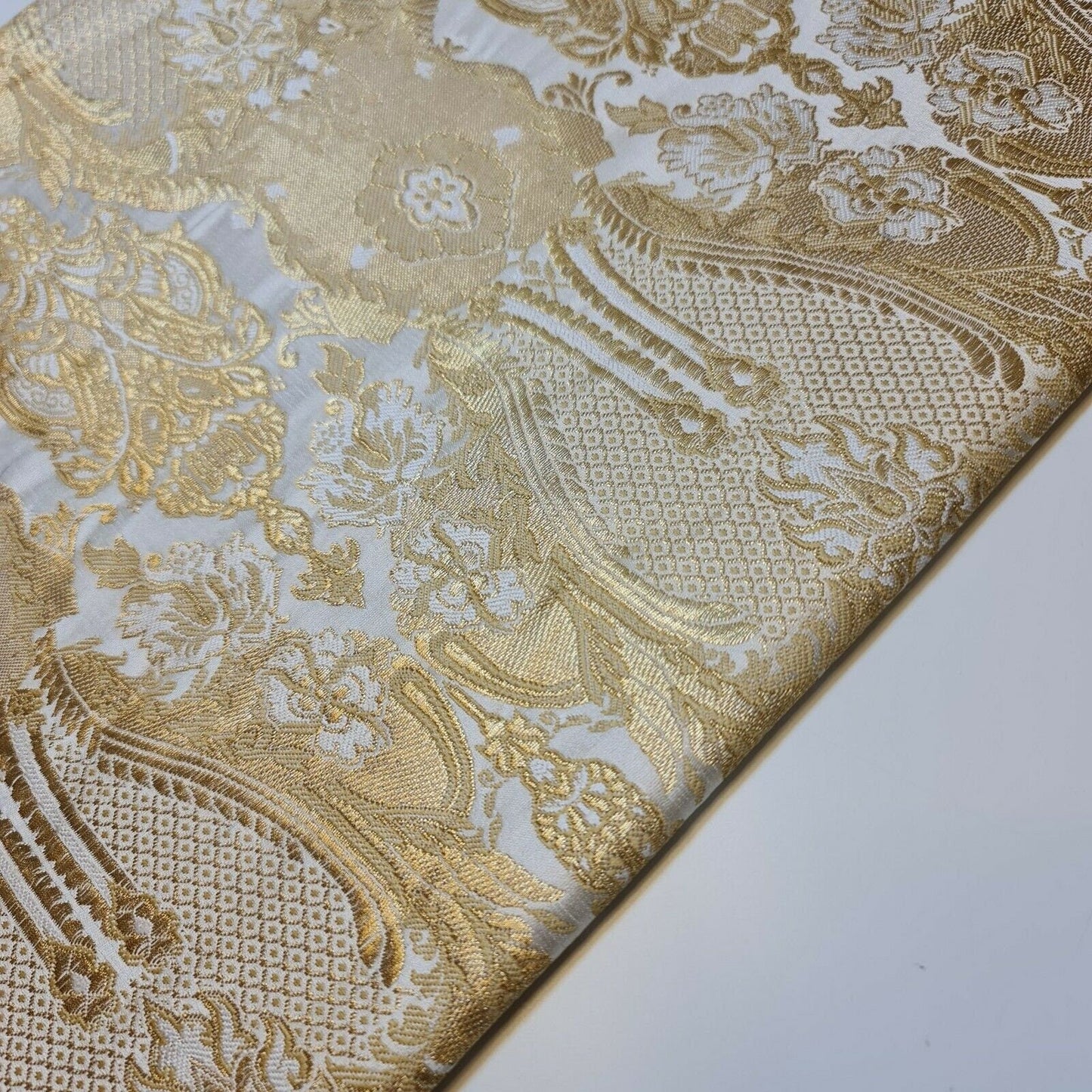 Ornamental Damask Banarasi Brocade Fabric – Premium Indian Gold Metallic Jacquard Material 44" Wide