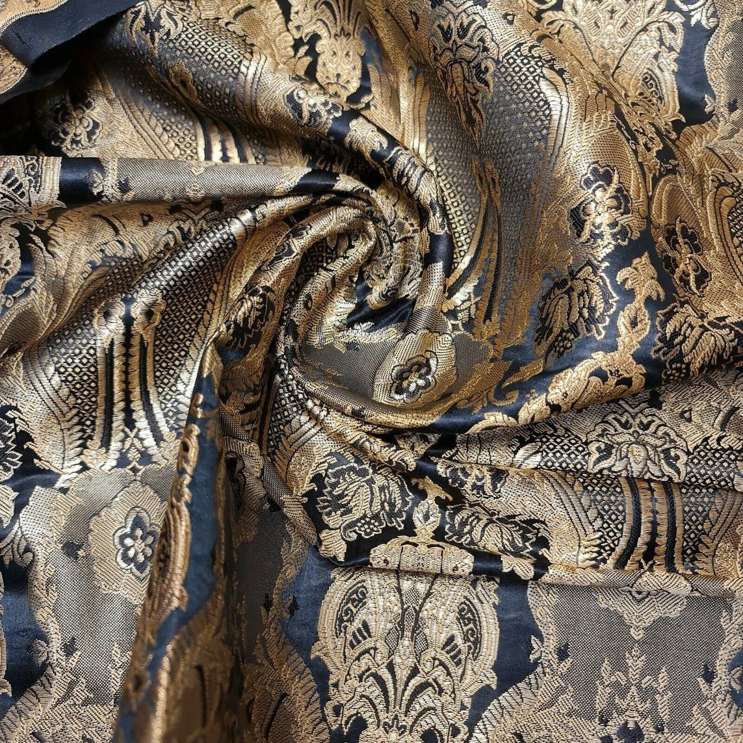 Ornamental Damask Banarasi Brocade Fabric – Premium Indian Gold Metallic Jacquard Material 44" Wide