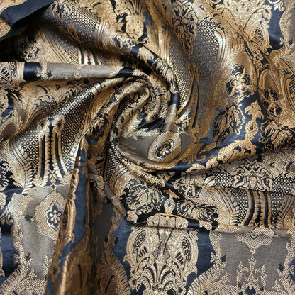 Ornamental Damask Banarasi Brocade Fabric – Premium Indian Gold Metallic Jacquard Material 44" Wide