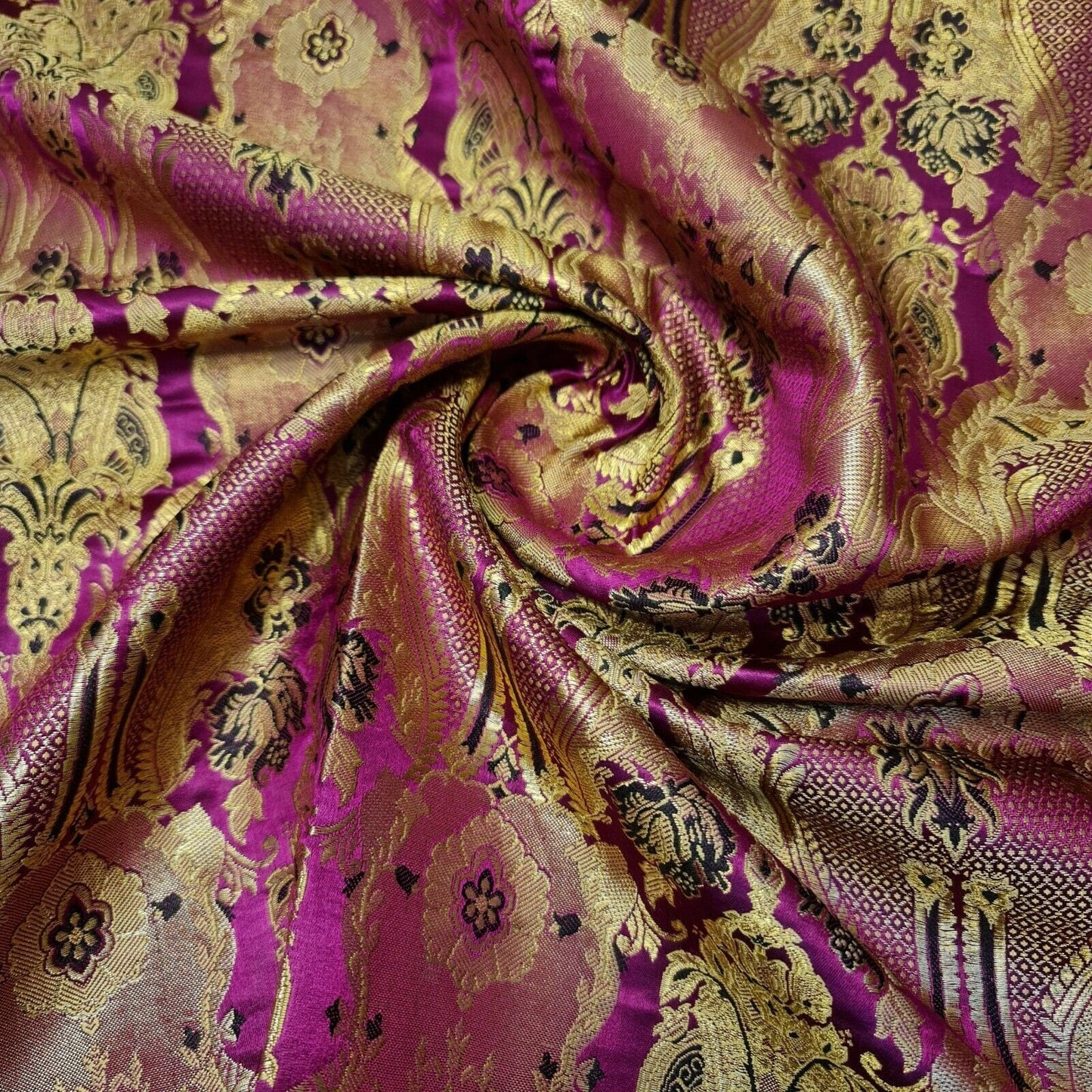 Ornamental Damask Banarasi Brocade Fabric – Premium Indian Gold Metallic Jacquard Material 44" Wide
