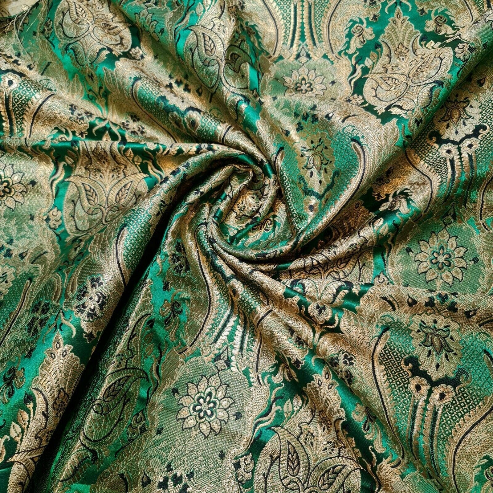 Ornamental Damask Banarasi Brocade Fabric – Premium Indian Gold Metallic Jacquard Material 44