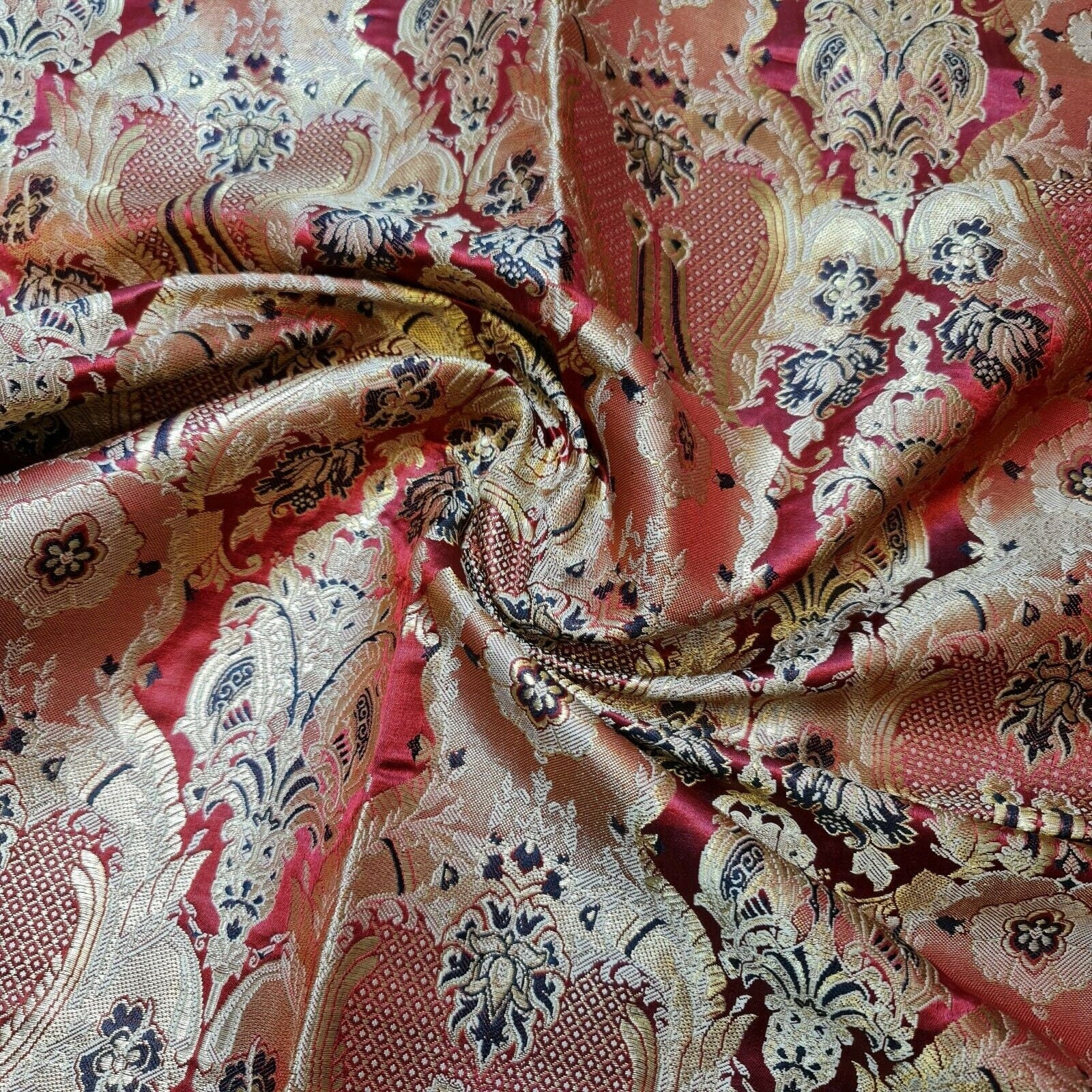 Ornamental Damask Banarasi Brocade Fabric – Premium Indian Gold Metallic Jacquard Material 44
