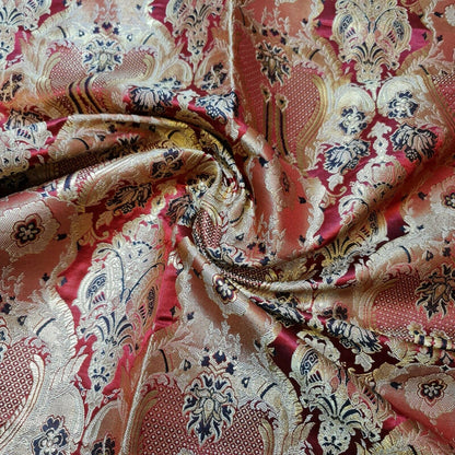 Ornamental Damask Banarasi Brocade Fabric – Premium Indian Gold Metallic Jacquard Material 44" Wide