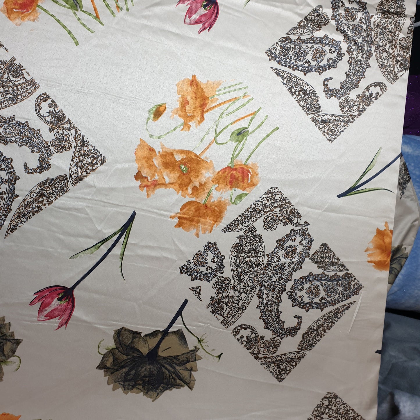 Floral Silk Satin Printed Fabric – 58" Wide Soft Silky Dress & Drape Material by the Metre