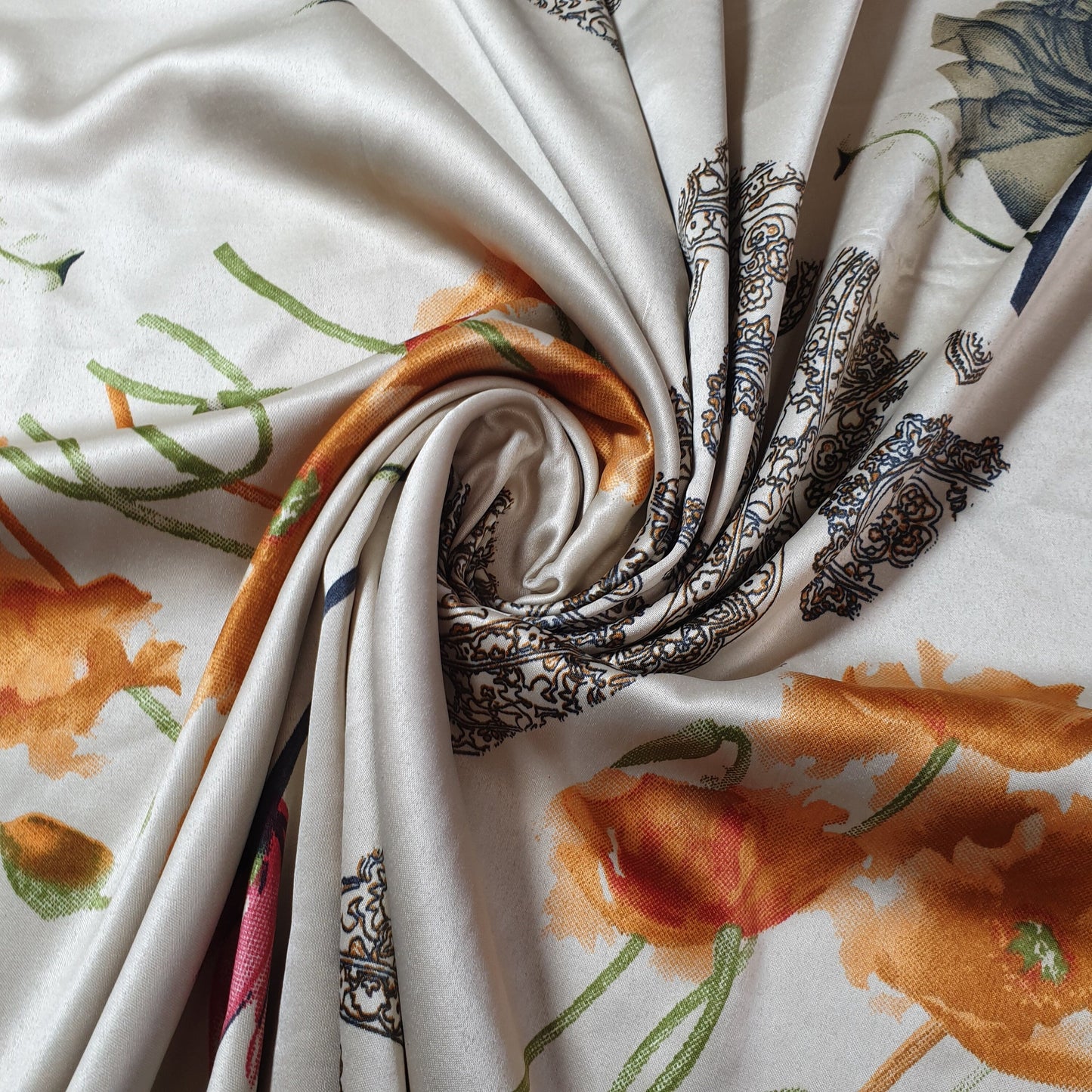 Floral Silk Satin Printed Fabric – 58" Wide Soft Silky Dress & Drape Material by the Metre