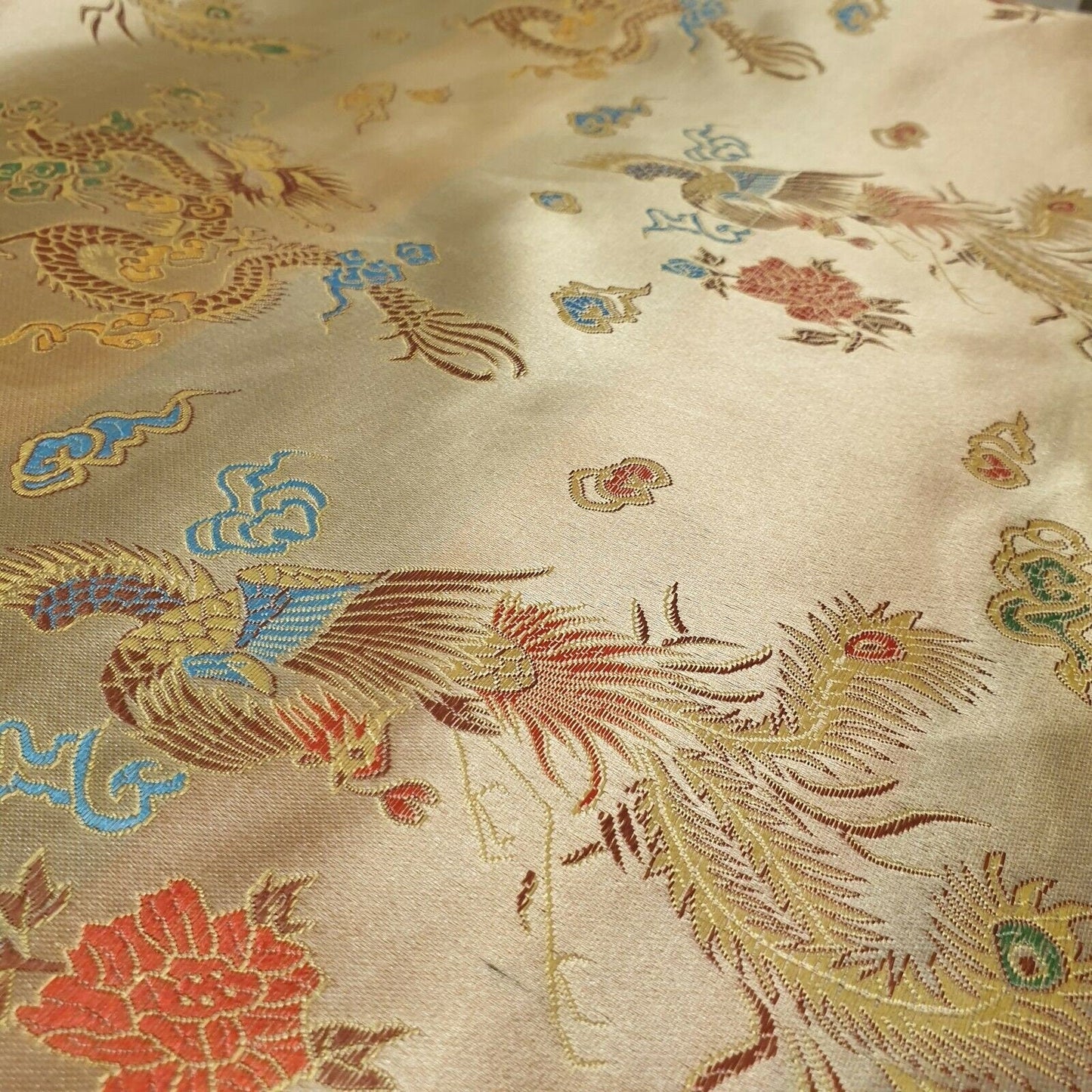 Traditional Chinese Embroidered Brocade Fabric – 36" Wide Poly Silky Satin Oriental Dragon & Floral Material by the Metre