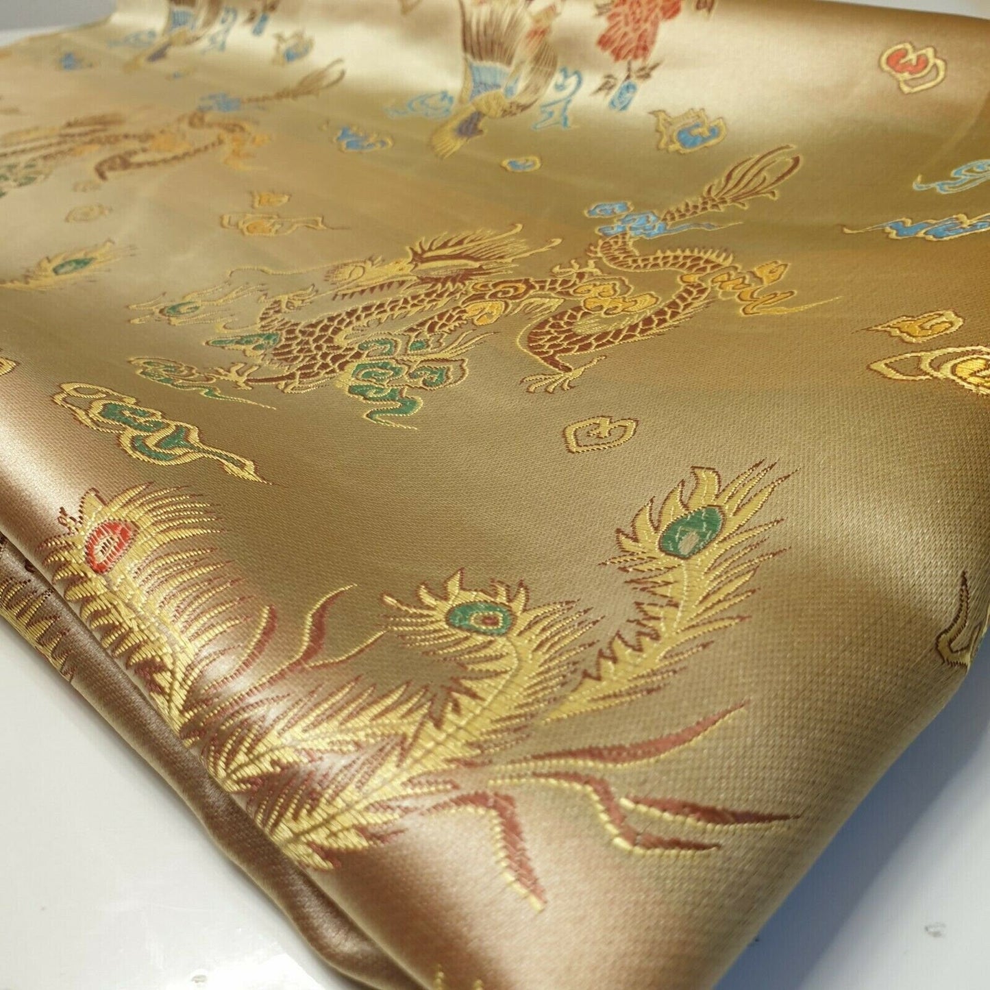 Traditional Chinese Embroidered Brocade Fabric – 36" Wide Poly Silky Satin Oriental Dragon & Floral Material by the Metre