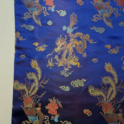 Traditional Chinese Embroidered Brocade Fabric – 36" Wide Poly Silky Satin Oriental Dragon & Floral Material by the Metre