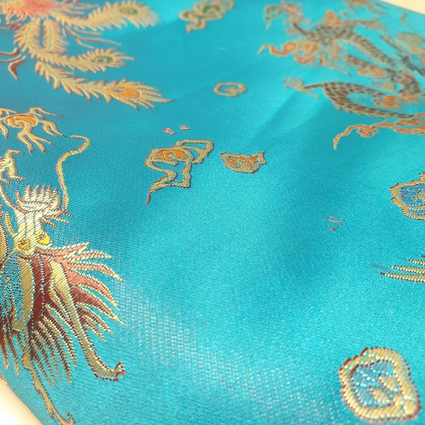 Traditional Chinese Embroidered Brocade Fabric – 36" Wide Poly Silky Satin Oriental Dragon & Floral Material by the Metre