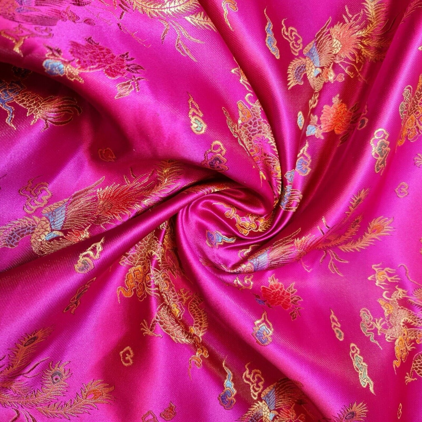 Traditional Chinese Embroidered Brocade Fabric – 36" Wide Poly Silky Satin Oriental Dragon & Floral Material by the Metre