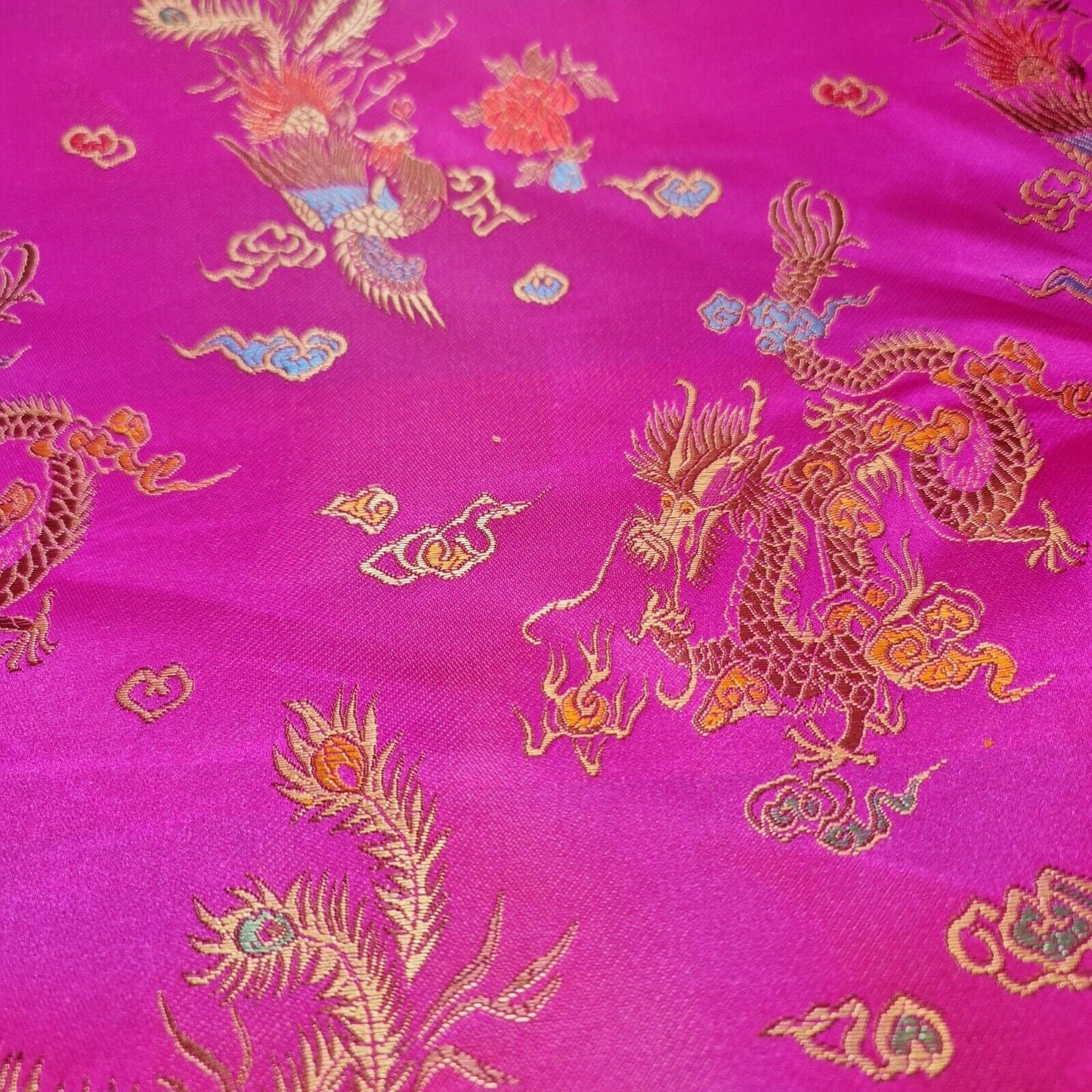 Traditional Chinese Embroidered Brocade Fabric – 36" Wide Poly Silky Satin Oriental Dragon & Floral Material by the Metre