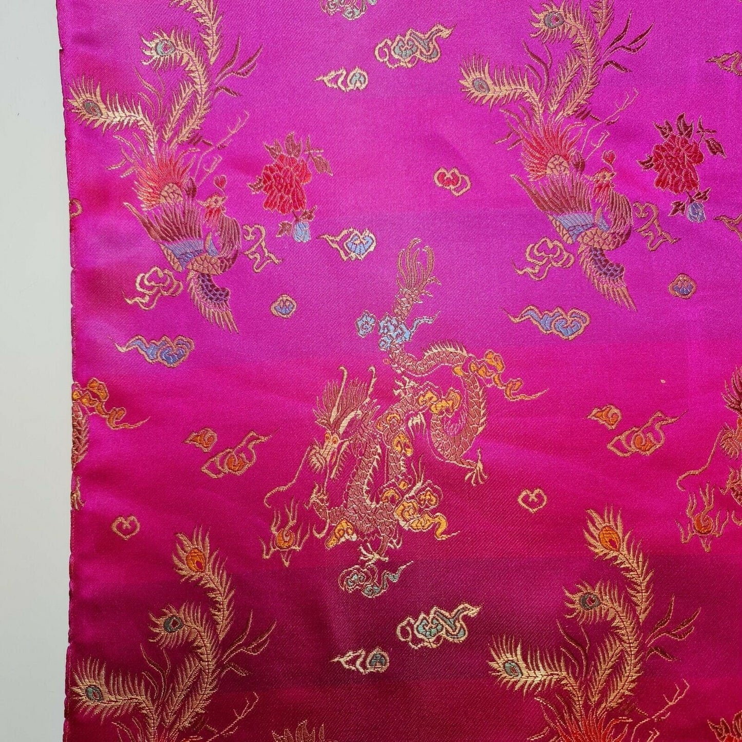 Traditional Chinese Embroidered Brocade Fabric – 36" Wide Poly Silky Satin Oriental Dragon & Floral Material by the Metre