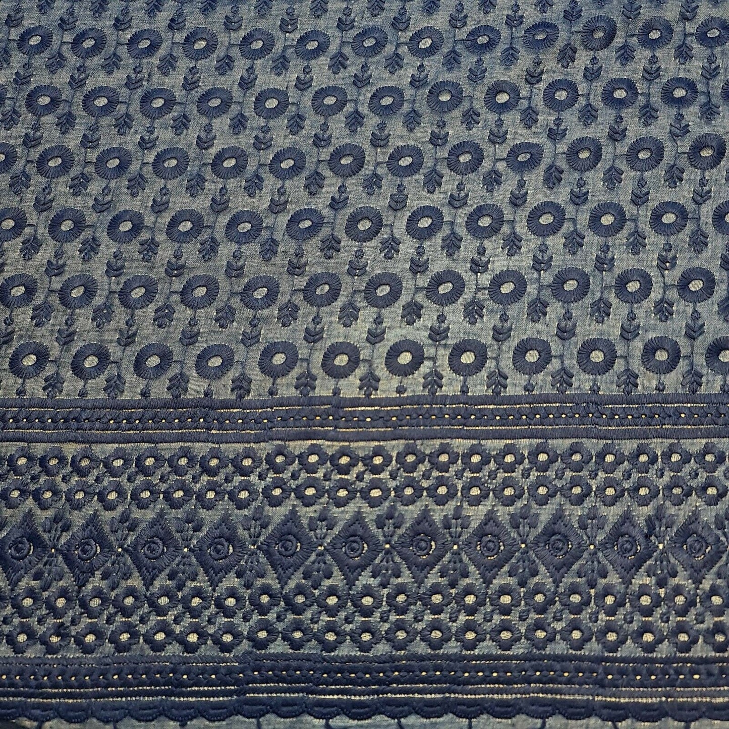 New Cotton Lawn Soft Broderie Anglaise Embroidery Border Dress Craft Fabric 50"J (Navy Blue)