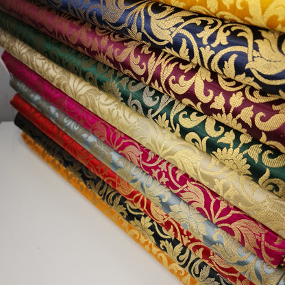 Luxurious Floral Banarasi Brocade Fabric – Premium Indian Gold Metallic Jacquard Woven Material 44" Wide