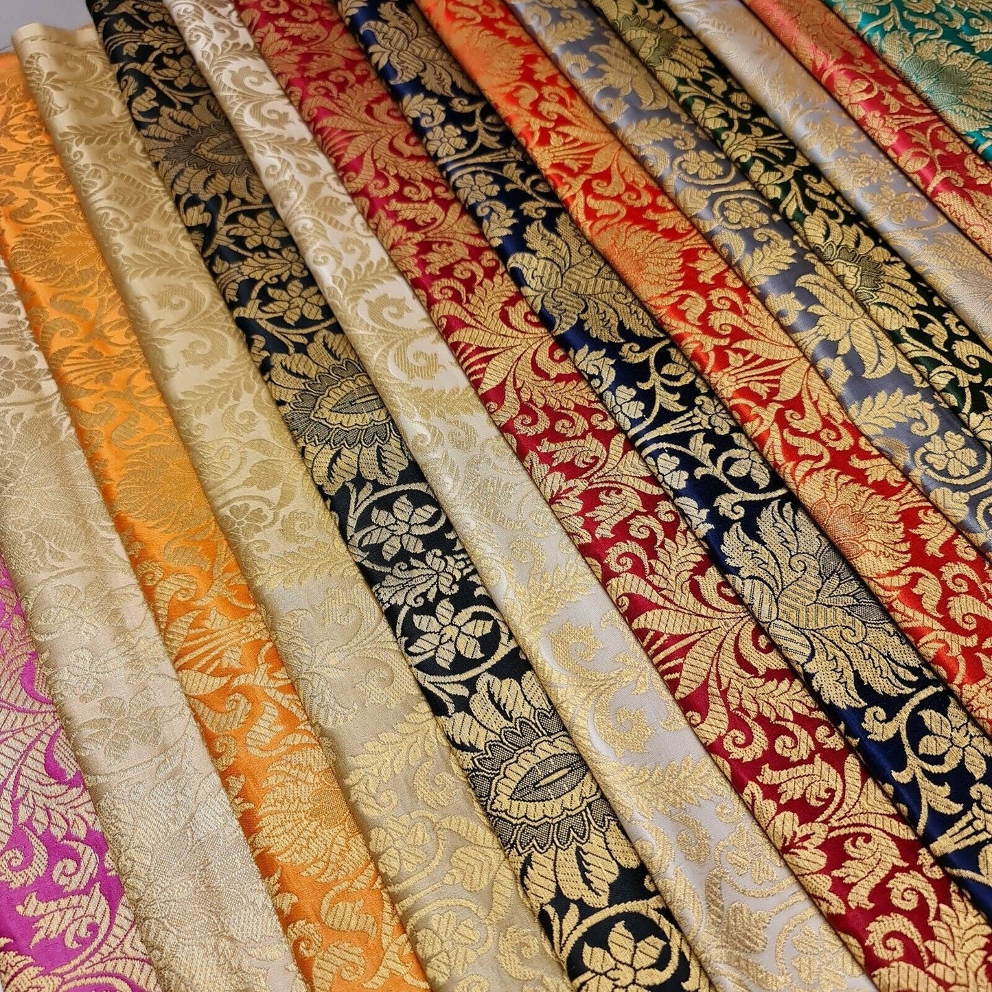 Floral Gold Leaf Damask Banarasi Brocade Fabric – Ornamental Metallic Indian Jacquard 44" Wide