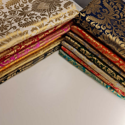 Floral Gold Leaf Damask Banarasi Brocade Fabric – Ornamental Metallic Indian Jacquard 44" Wide