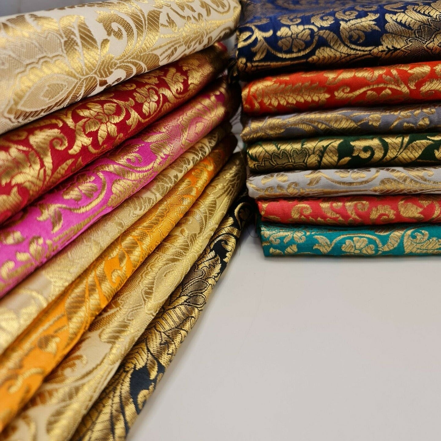 Floral Gold Leaf Damask Banarasi Brocade Fabric – Ornamental Metallic Indian Jacquard 44" Wide