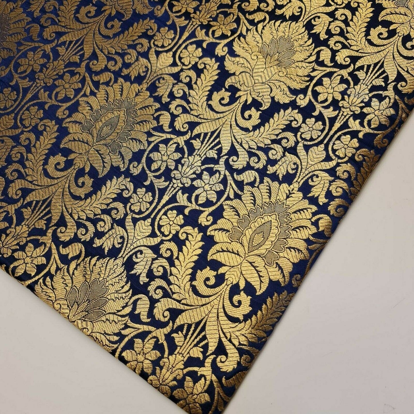 Floral Gold Leaf Damask Banarasi Brocade Fabric – Ornamental Metallic Indian Jacquard 44" Wide