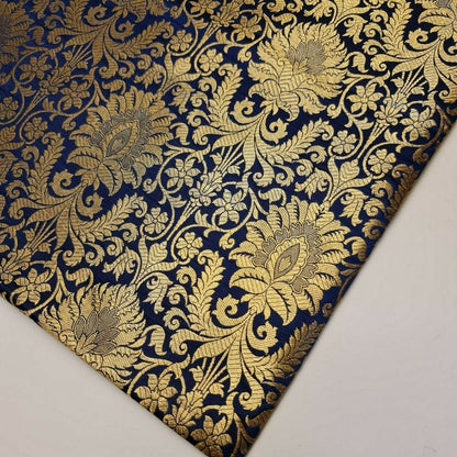 Floral Gold Leaf Damask Banarasi Brocade Fabric – Ornamental Metallic Indian Jacquard 44" Wide