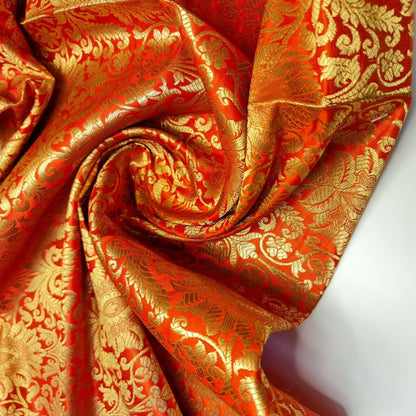 Floral Gold Leaf Damask Banarasi Brocade Fabric – Ornamental Metallic Indian Jacquard 44" Wide