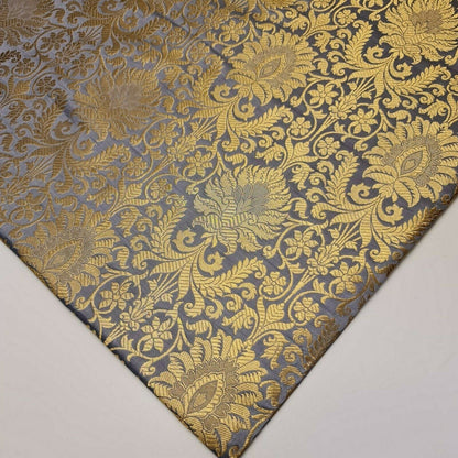 Floral Gold Leaf Damask Banarasi Brocade Fabric – Ornamental Metallic Indian Jacquard 44" Wide