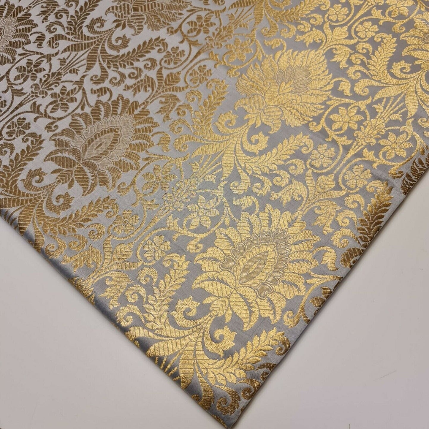 Floral Gold Leaf Damask Banarasi Brocade Fabric – Ornamental Metallic Indian Jacquard 44" Wide