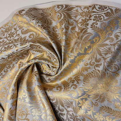 Floral Gold Leaf Damask Banarasi Brocade Fabric – Ornamental Metallic Indian Jacquard 44" Wide