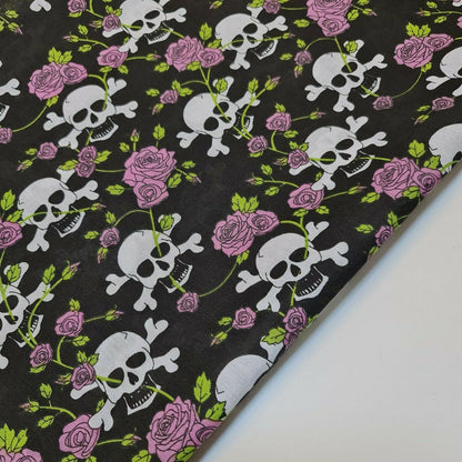 Halloween Skull & Roses Polycotton Fabric – 44" Wide Black Base Costume & Craft Material