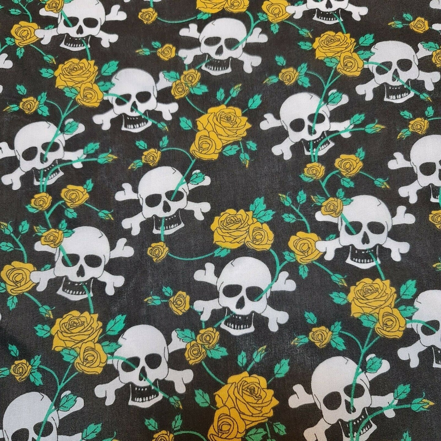 Halloween Skull & Roses Polycotton Fabric – 44" Wide Black Base Costume & Craft Material