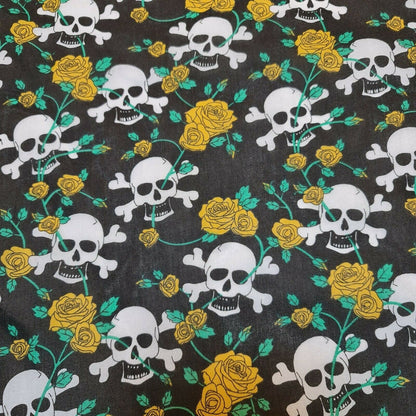 Halloween Skull & Roses Polycotton Fabric – 44" Wide Black Base Costume & Craft Material
