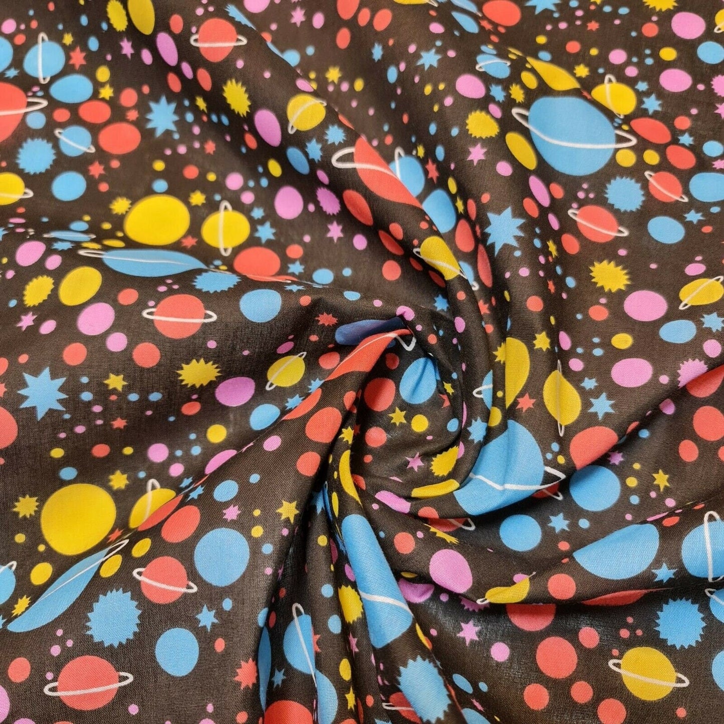 Universe Galaxy Print Polycotton Fabric – 44" Wide Black Base Stars & Planets Kids Dress & Craft Material
