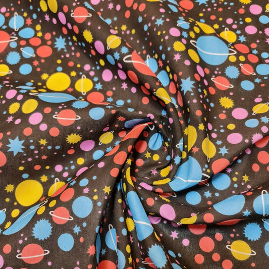 Universe Galaxy Print Polycotton Fabric – 44" Wide Black Base Stars & Planets Kids Dress & Craft Material